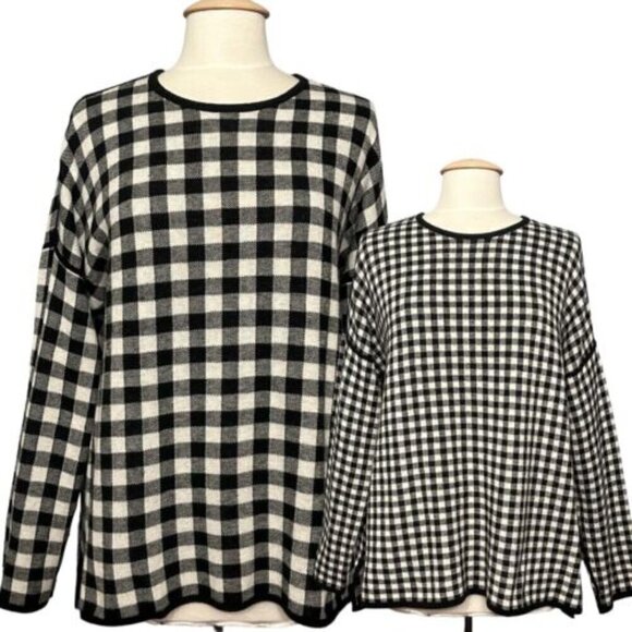 J Jill Sweater Black Gingham Reversable Crew Neck Long Sleeve Farmhouse Size M - Picture 1 of 13
